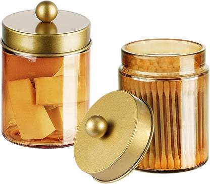 3 Pack Apothecary Jar Canisters Bathroom Vanity Organizer - Qtip Holder Storage Organizer Set Countertop Canister with Stainless Steel Lids &Cute Stickers for Qtips,Cotton Swabs,Makeup Sponges,Floss