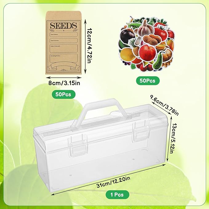 Plastic Clear Seed Storage Organizer Box with Handle, 1 Seed Saving Packet Container Box with 200 Envelopes and 50 Stickers for Plant Flower Vegetable Garden Lover Gifts