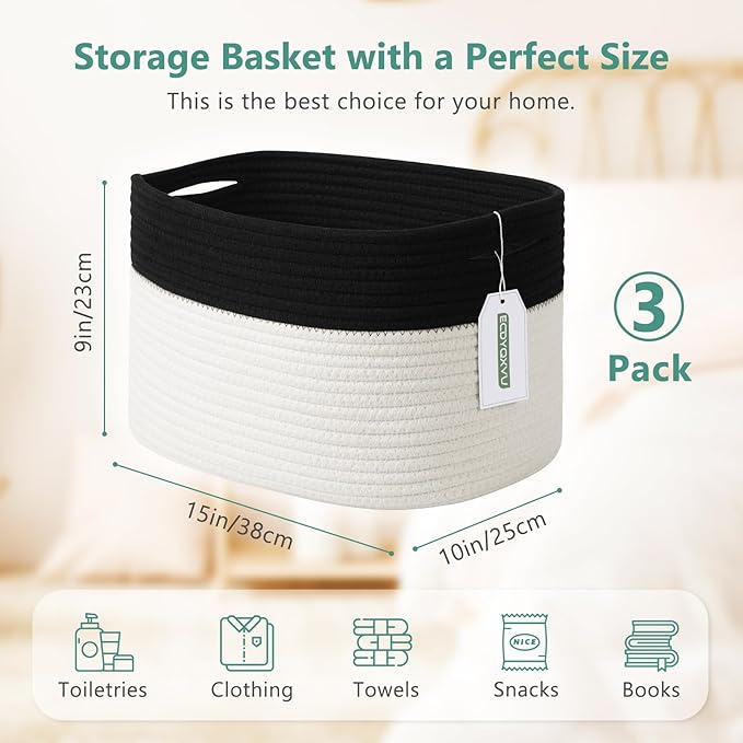 ECDYQXVU Cotton Rope Storage Basket, 15x10x9 Inches, Woven Basket for Shelves, Clothes, Towels, Books, and Laundry, Black/ White (3 Pack)