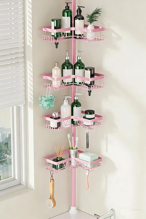 DAOYA Corner Shower Caddy Tension Pole - Pink - Rustproof Adjustable Bathroom Organizer Shelf for Shampoo, 25–114.2 Inch Shower Rack for Renters, Apartments