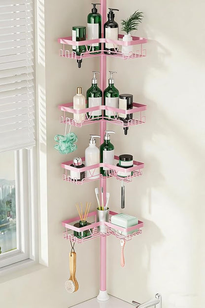 DAOYA Corner Shower Caddy Tension Pole - Pink - Rustproof Adjustable Bathroom Organizer Shelf for Shampoo, 25–114.2 Inch Shower Rack for Renters, Apartments