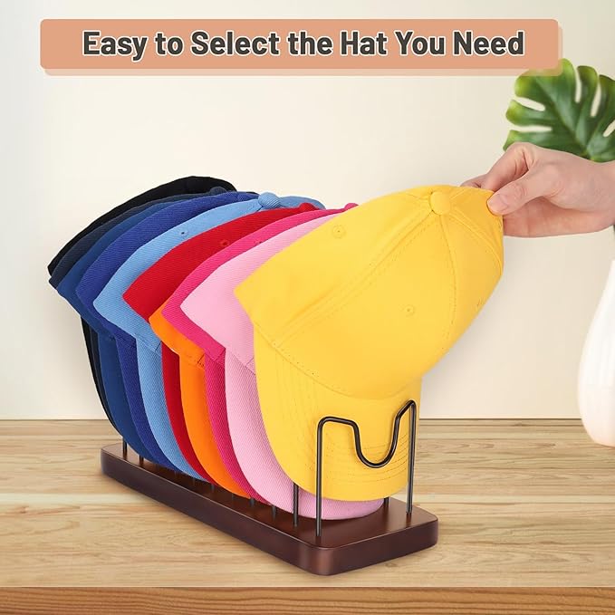 Hat Organizer for Baseball Caps, Hat Rack Stand for 10 Hats Wood Metal Hat Holder Storage Baseball Cap Organizer for Closet Dresser Desk (Brown, 1 Pack)