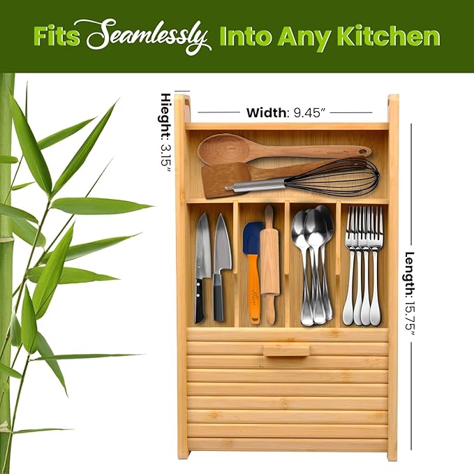 KozyKoala & Co. Bamboo Drawer Organizer with Sliding Lid - 5 Slot Kitchen Drawer Organizer & Utensil Holder - Wood Bamboo Cutlery Tray for Flatware & Multipurpose Storage for Home & Office