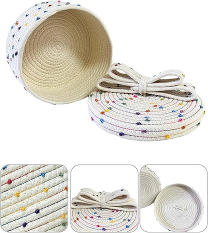 Tiny Basket with Lid, Small Round Woven Basket with Lid, Decorative Storage Box for Small Toy, Gift or Home Decor, Rainbow Pom-pom & Cute Bow Handle (rainbow, S)