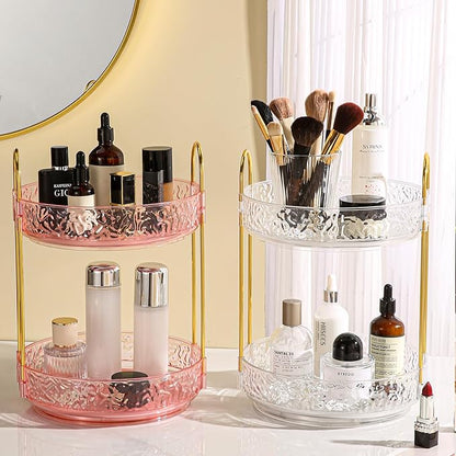 Fangoo 2 Tiers Clear Rotating Makeup Organizer for Vanity, 360 Spinning Skincare Organizers for Dresser Perfume Organizer Large Skincare Make up Storage Cosmetic Organizer for Bathroom Countertop