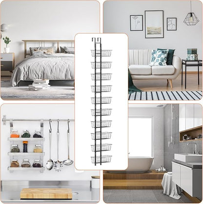 10 Tier Over the Door Pantry Organizer, Over the Door Organizer with Adjustable Baskets, Metal Hanging Door Pantry Organizers and Storage for Kitchen Bathroom Bedroom, Black