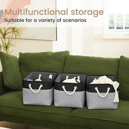 Large Storage Baskets- 15x11x10 inch Storage Bins for Shelves and Closet Organizing, Foldable Fabric Bin for Home Organization Clothes and Laundry (3-Pack, Black&Gray)