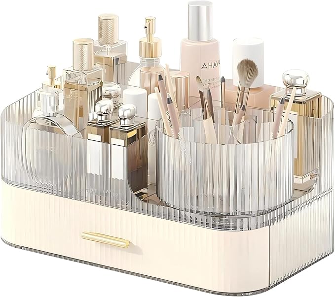 DASITON Makeup Organizer with Drawers and Rotating Makeup Brush Holder,Large Capacity Stackable Cosmetic Organizer Countertop,Bathroom Organizers and Storage,Make up Organizers for Vanity (Cream 02)