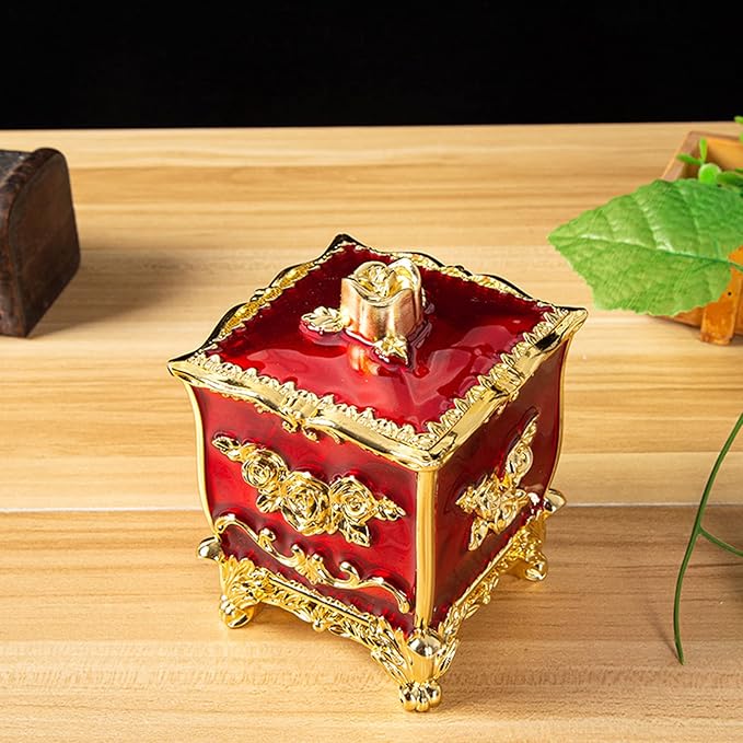 Cotton Canister Dispenser Box Cotton Swab Storage Box With Lid Makeup Table Cosmetics Containers, golden red