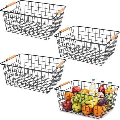 4 Pack Black Large Wire Baskets for Organization Metal Wire Food Storage Basket Organizer with Wooden Handles for Organizing Kitchen Cabinets