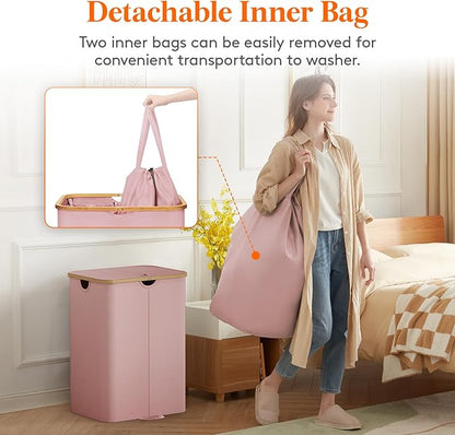 Lifewit 150L Double Laundry Hamper with Lid, Large Laundry Basket with Removable Bag & Bamboo Handles, Fodable Tall Dirty Clothes Hamper for Laundry Collapsible Bin for Bathroom Bedroom Dorm, Pink