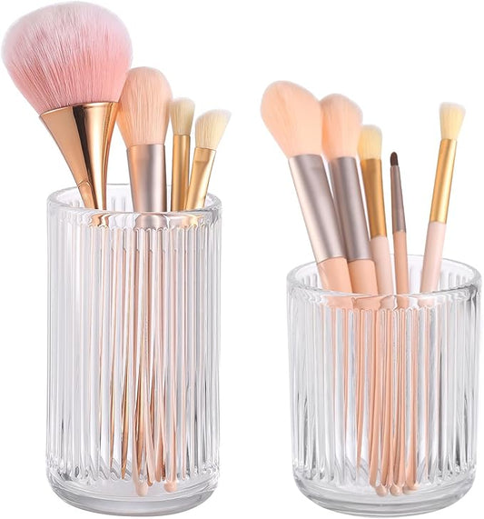 DASITON Makeup Brush Holder Organizer, Crystal Glass Makeup Brushes Storage Holder, Vintage Make Up Brush Cup for Vanity, Pen Pencil Holder for Desk, Toothbrush Holders for Bathroom (Clear SL)