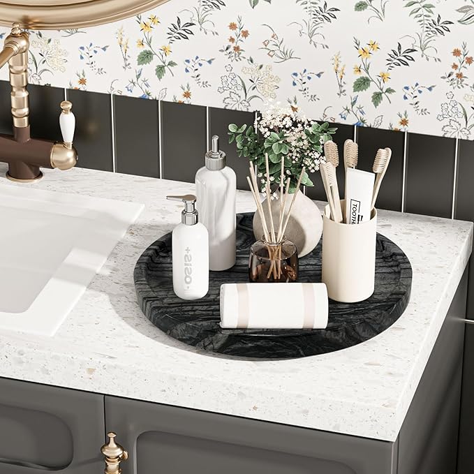 Travertine Tray, Small Ceramic Vanity Tray for Bathroom Counter Decor, Round Marble Decorative Trays for Coffee Table (Grey Black, Large Size)