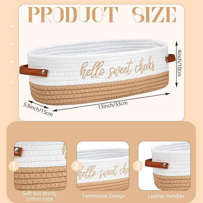 Hello Sweet Cheeks Bathroom Decoration Brown and White Cotton Rope Toilet Basket Toilet Paper Holder Basket Rustic Bathroom Organizer Farmhouse Home Decoration Organizing Small Baskets