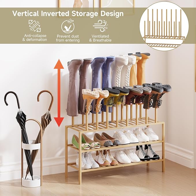 Boot Rack for Tall Boots Organizer,3-Tier Multiuse Shoe Rack and Boot Storage Rack,for Tall Boots,Sneakers,High-Heel (Natrual, 3-Tier-Long)