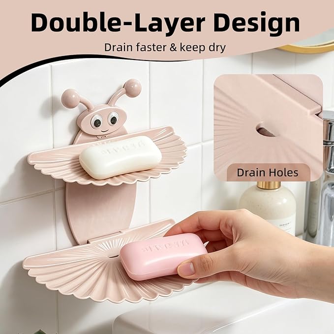 2PCS Double-Deck Soap Dish Holder for Shower, Bee Shape Wall Mounted Soap Holder with Strong Adhesive, Self Draining Soap Tray, No Drilling Bathroom Accessories, Nordic Pink