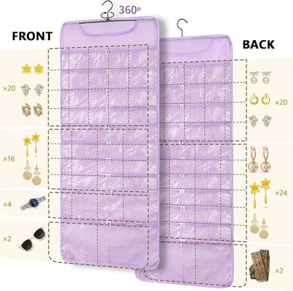 FOREGOER Hanging Jewelry Organizer with 88 Zippered Pockets, Dustproof Foldable for Travel, Accessories Organizer for Holding Jewelries Earring Organizers and Storage (Purple)