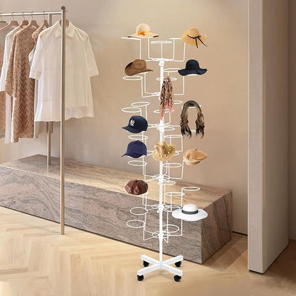 7-Tier Rotating Hat Display Stand, 35 Hooks Metal Freestanding Retail Display Stand Commercial Large Headwear Wig Rack Metal Floor Rack for Hats and Wigs (White)