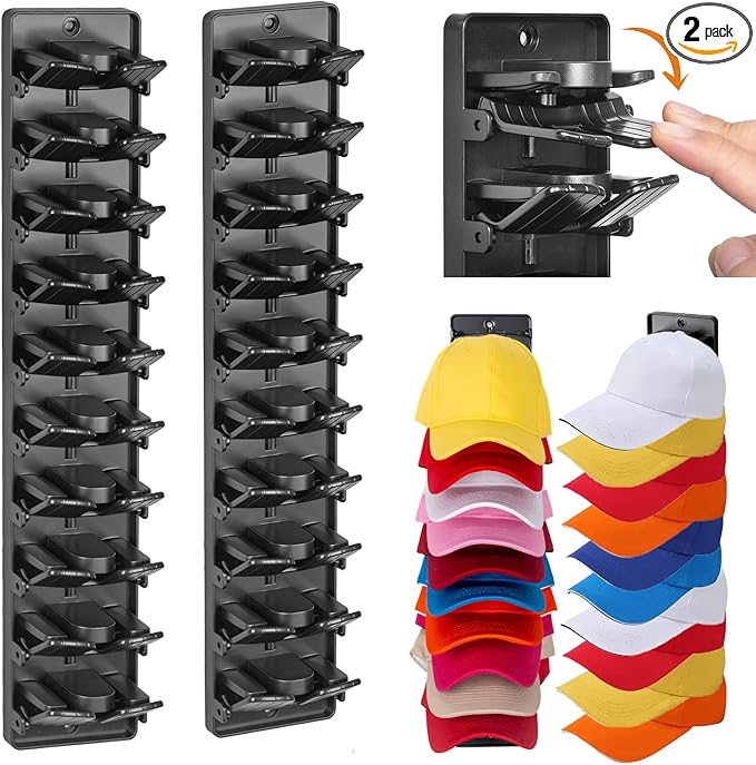 Accevo Spring Clip Hat Organizer Hold Storage 20 Caps for Baseball Caps (2-Pack), Hat Holder with Strong Adhesive and 8 Pack Screws, Hat Storage Display Holder for Closet Door and Wall