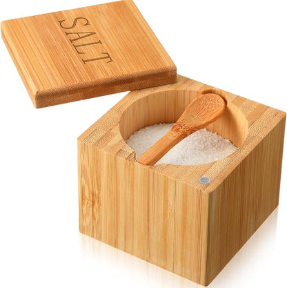 Honeydak Bamboo Salt Cellar Bamboo Storage Box with Magnetic Swivel Lid Wooden Spoon Wood Spice Storage Box Salt Container for Kitchen, 6 oz