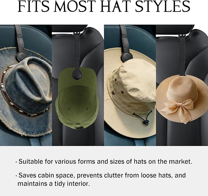 Cowboy Hat Holder for Truck, 2 Pack Black Leather Magnetic Hat Clip - Universal Hat Rack Organizer for Car Pickup Seat Headrest, Travel Hat Hanger Accessory