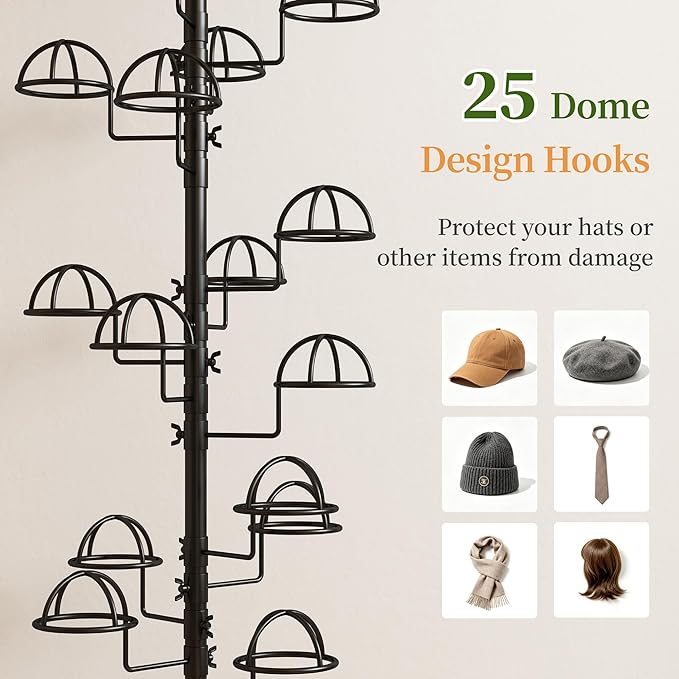 Freestanding Hats Rack Stand with 25 Customizable Circular Hooks Metal Hat Rack Hats Tree Organizer Rack Display Standing Floor Hat Stand for Home Store Commercial, Black