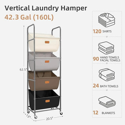 STORAGE MANIAC Vertical Rolling Laundry Hamper, 4 Section Laundry Sorter with Wheels and 2 Breaks, 4-tier Laundry Baskets for Small Space, Dorm, Laundry Room, Closet, Multicolored 4-tier