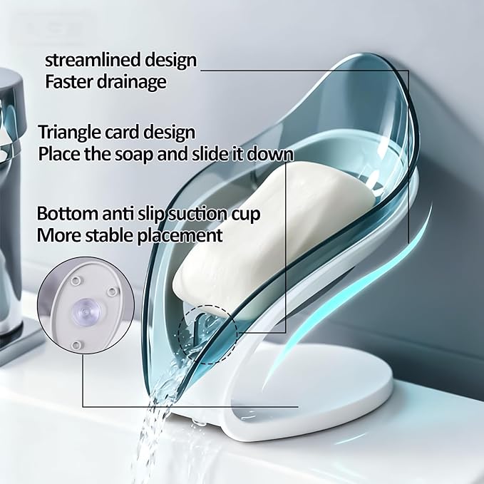 Self Draining Leaf Soap Dish – Easy to Clean Waterfall Soap Holder, Multi-Use for Shower, Bathroom & Kitchen Sink, Durable & Stylish (Blue)