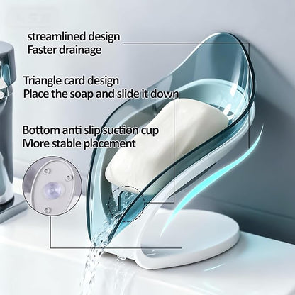 Self Draining Leaf Soap Dish – Easy to Clean Waterfall Soap Holder, Multi-Use for Shower, Bathroom & Kitchen Sink, Durable & Stylish (Blue)