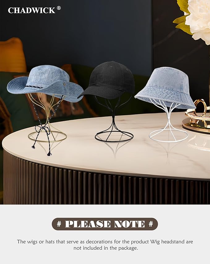 CHADWICK White Iron Ball Hat Rack, Short Display Stand for Fedora, Baseball Cap, Wig Storage, 6.7" x 10.6", Single Unit