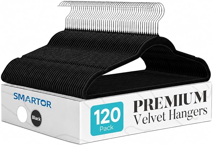 Smartor Black Velvet Hangers 120 Pack, Non Slip Clothes Hangers with Shoulder Notches, Premium Slim Space Saving Felt Hanger for Closet Organizers and Storage, Heavy Duty Hanger for Coat