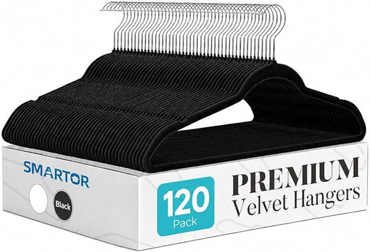 Smartor Black Velvet Hangers 120 Pack, Non Slip Clothes Hangers with Shoulder Notches, Premium Slim Space Saving Felt Hanger for Closet Organizers and Storage, Heavy Duty Hanger for Coat