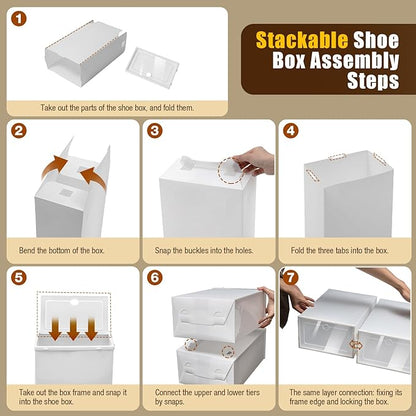 Shoe Organizer Storage Boxes for Closet, 24 Pack Large Boxes Clear Shoes Plastic Storage, White Display Containers Shoe Racks for Storing Sports 13 X 9.1 X 5.5 Inch