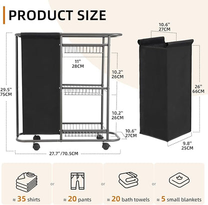 Rolling Laundry Cart with Wheels: 3-Tier Laundry Caddy Between Washer and Dryer - Heavy Duty Wrapping Paper Cart with 45L Bag for Narrow Space Laundry Room Bathroom Bedroom Black