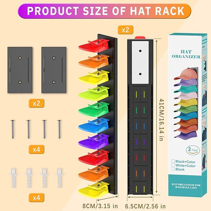 Volnamal Hat Organizer for Baseball Caps, 2 Pack Hold Up to 40 Hats, Hat Rack for Wall Space Saving, Hat Hanger w/Strong Adhesive Hat Storage Holder Display for Closet Door and Wall (Black & Color)