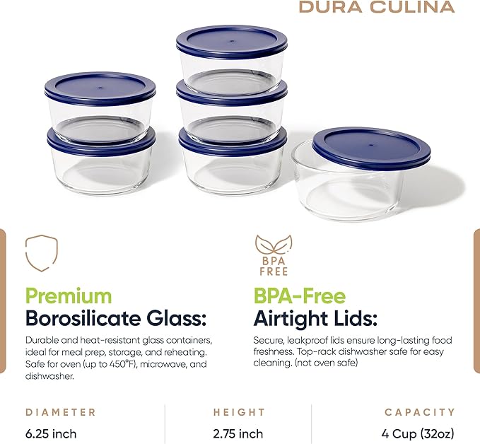 12-Piece Glass Food Storage Containers Set (6 Containers + 6 BPA-Free Lids) | 4-Cup, Leakproof | Microwave, Freezer, Oven & Dishwasher Safe | Ideal for Meal Prep & Pantry Organization, Blue