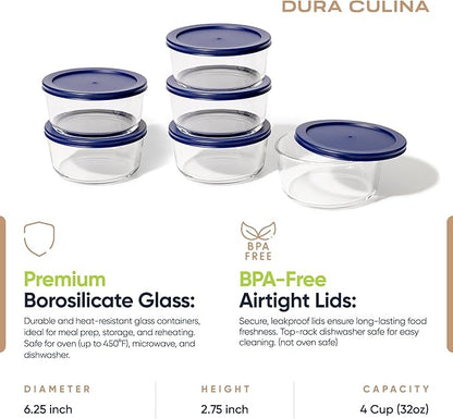 12-Piece Glass Food Storage Containers Set (6 Containers + 6 BPA-Free Lids) | 4-Cup, Leakproof | Microwave, Freezer, Oven & Dishwasher Safe | Ideal for Meal Prep & Pantry Organization, Blue