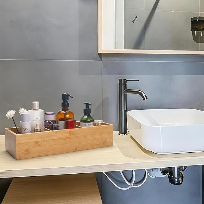 Bamboo Bathroom Basket, Wood Toilet Tank Basket, Wooden Storage Box with 3 Compartments for Bathroom Organizer (16.5 x 5.5 x 3.5 inch)