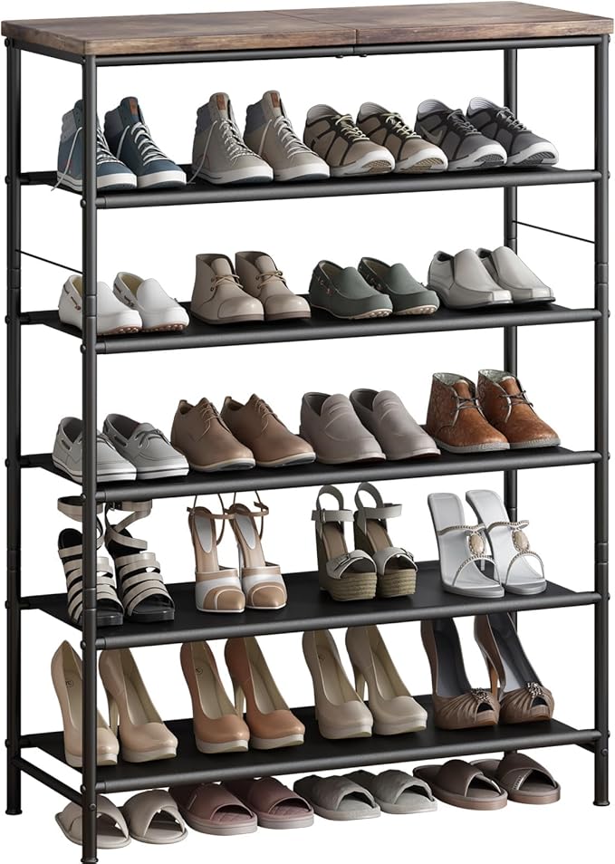 INGIORDAR Shoe Rack Organizer 6 Tier Metal Organizer Shelf with Industrial MDF Board and Layer Fabric for Entryway Closet Bedroom Living Room Garage,Black & Rustic Brown (Black+Rustic Brown, 6 Tier)