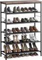 INGIORDAR Shoe Rack Organizer 6 Tier Metal Organizer Shelf with Industrial MDF Board and Layer Fabric for Entryway Closet Bedroom Living Room Garage,Black & Rustic Brown (Black+Rustic Brown, 6 Tier)