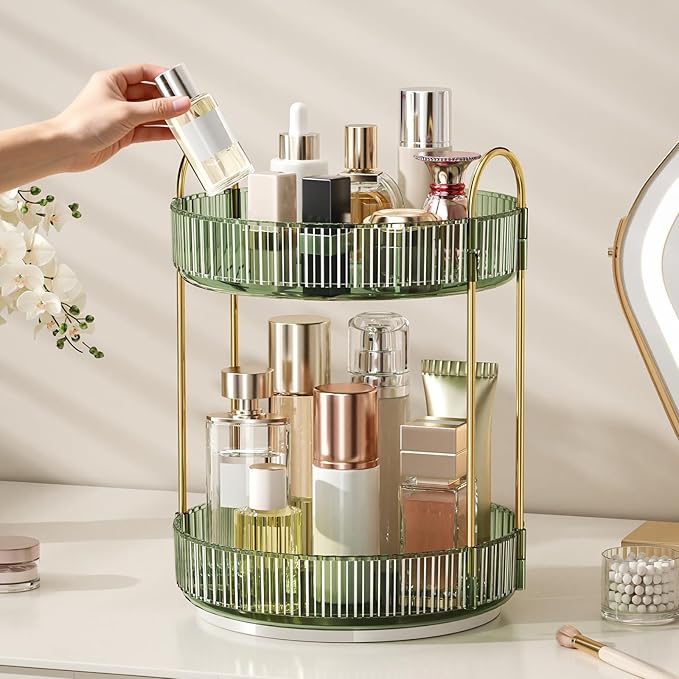 360° Rotating Makeup Organizer, Large Capacity Skincare Organizer, 2 Tier Cosmetic Skin Care Perfume Dresser Organizer, Fits Cosmetics, Perfume, Skin Care, Lipstick