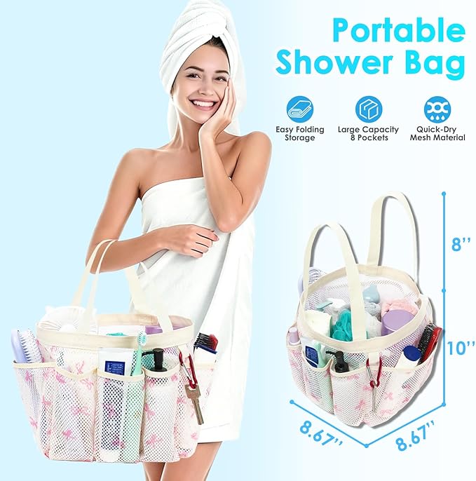 Fammart Mesh Shower Caddy Portable for College Dorm Room Essentials, Odorless Polyester Large Shower Tote Bag with Dual Handles, 8-Pocket Quick-Dry Toiletry Organizer for Travel, Beach, Camping, Gym