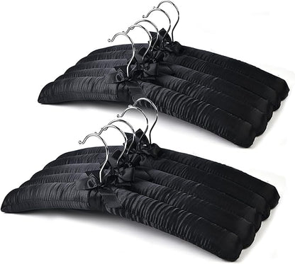 Black Satin Padded Sweater Hangers 10 Pack, Blouse Hanger with Thick & Soft Foam for Bridal Wedding Dress Lingerie, Smooth Silk Covered Shirt Hanger Without Shoulder Bump