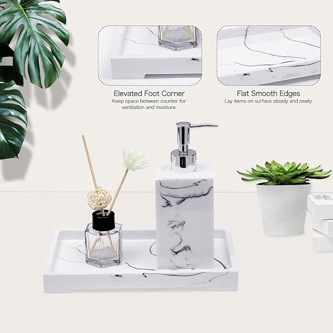 White Marble Pattern Vanity Tray, Resin Bathroom Tray for Counter, Toilet Tank Storage, Dresser Jewelry Organizer, Makeup Tray for Bathroom Bedroom, 10.5×5.9×1.1 Inches