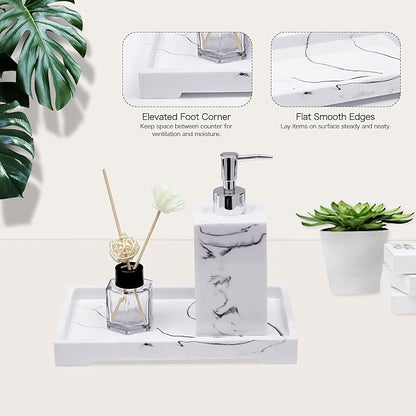 White Marble Pattern Vanity Tray, Resin Bathroom Tray for Counter, Toilet Tank Storage, Dresser Jewelry Organizer, Makeup Tray for Bathroom Bedroom, 10.5×5.9×1.1 Inches