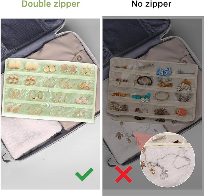 FOREGOER Hanging Jewelry Organizer with 88 Zippered Pockets, Dustproof Foldable for Travel, Accessories Organizer for Holding Jewelries, Earring Organizers and Storage (Green)