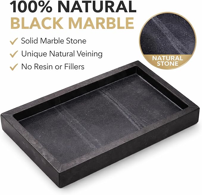 Natural Black Marble Tray for Bathroom | Kitchen | Vanity | Desktop, Stone Organizer for Coffee Table, Dresser, Nightstand, Candles, Soap, Towel, Plant, Jewelry (10" x 6"), Rectangular