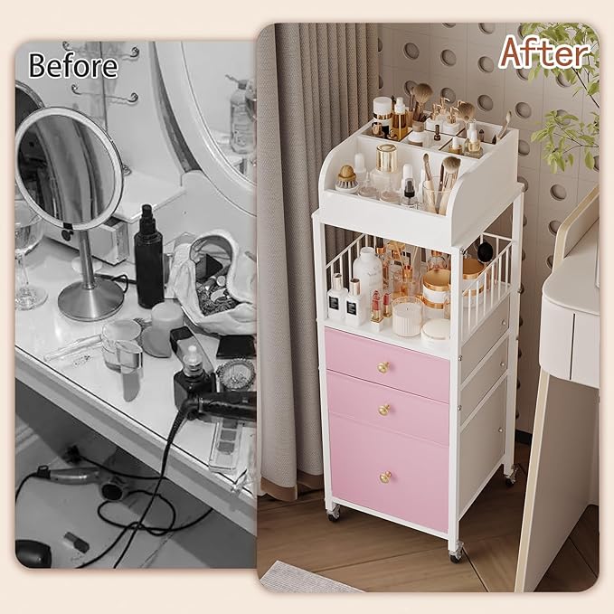 Makeup Organizer Cart with Drawers, Make up Organizers for Vanity, Floor Skincare Organizers- for Cosmetics, Nail Polish, Art Supply, Bathroom Vanity Desktop Organizer (White)