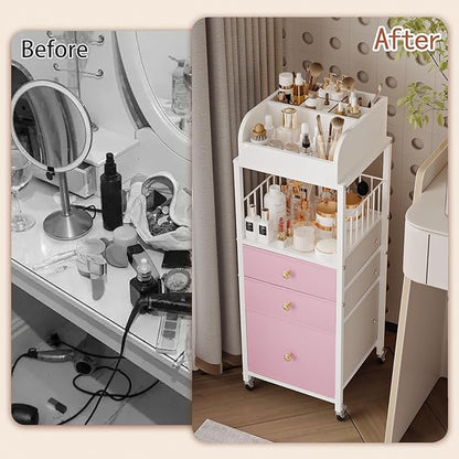 Makeup Organizer Cart with Drawers, Make up Organizers for Vanity, Floor Skincare Organizers- for Cosmetics, Nail Polish, Art Supply, Bathroom Vanity Desktop Organizer (White)