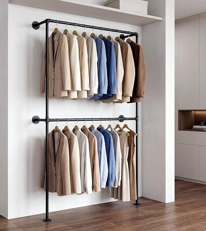 Industrial Pipe Clothing Rack Wall Mounted Garment Rack, Black Pipe Clothes Rack Retail Display Hanging Rod for Closet Storage, Laundry Room